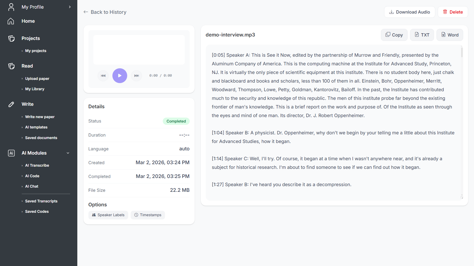 Avidnote transcript of an interview with speaker labels and timestamps
