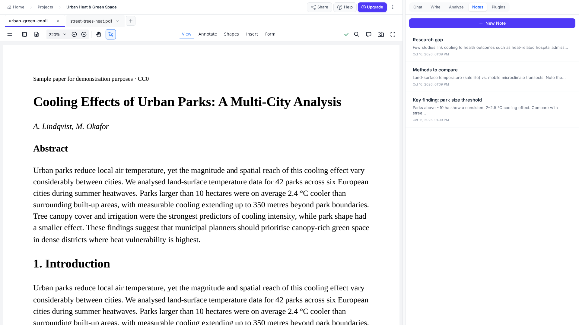 An Avidnote project with a paper open beside the project notes